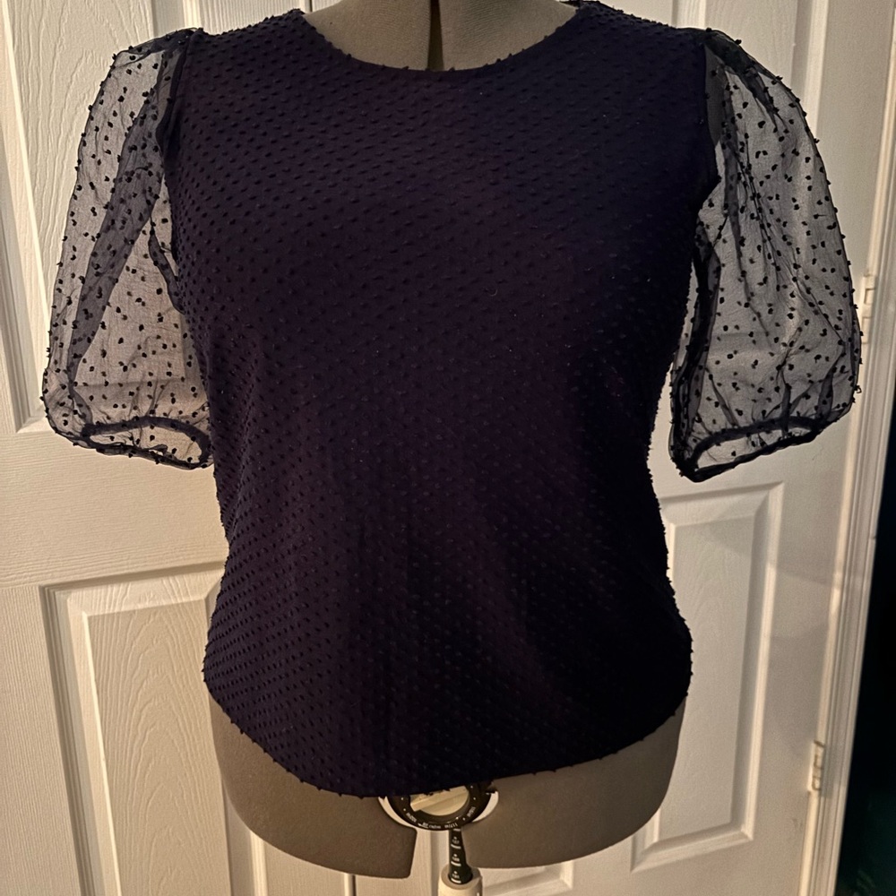 Elegant Navy Blue Textured Women's Puff Sleeve Top